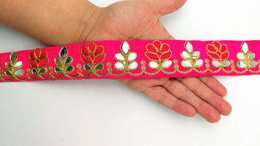 Fuchsia Pink Silk Trim With Mirrors Embellishments and Gold Embroidery, Approx. 38mm Wide, Decorative Trim Costume Trim Floral Trim By Yard